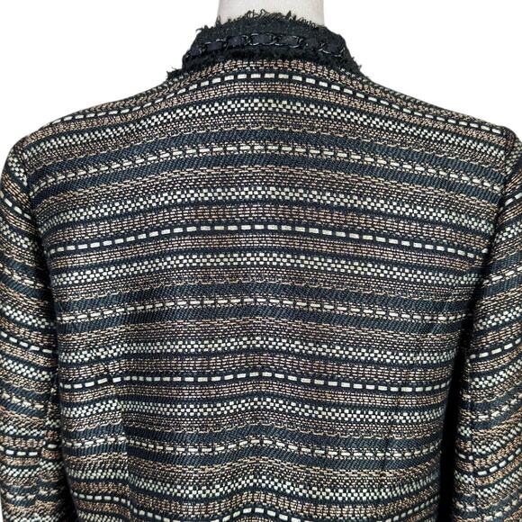 Chico's Sz 1 US 8 Royal Tweed Black Gold Metallic Fringe Trim Open Jacket Blazer - Picture 9 of 14